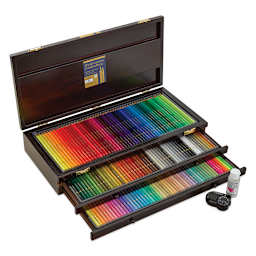 Set of 150, Wood Box open with blending fluid and sharpener