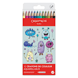 Caran d'Ache Swisscolor Aquarelle Colored Pencils - Set of 12, Kawaii Funny Monsters, front of packaging