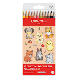 Caran d'Ache Swisscolor Aquarelle Colored Pencils - Set of 12, Kawaii Cute Animals, front of packaging
