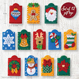 Bucilla Felt Holiday Gift Tags Kit showing completed projects