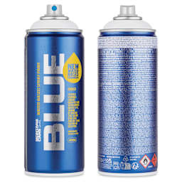 Montana Blue Water-Based Spray Paint - White, 400 ml, front and back of can