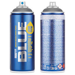 Montana Blue Water-Based Spray Paint - Tunnel Grey, 400 ml, front and back of can