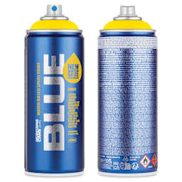 Montana Blue Water-Based Spray Paint - Stuart Yellow, 400 ml, front and back of can