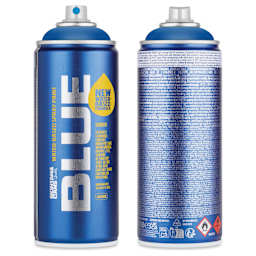 Montana Blue Water-Based Spray Paint - Shock Blue, 400 ml, front and back of can