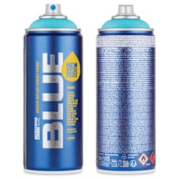 Montana Blue Water-Based Spray Paint - Sardinia, 400 ml, front and back of can