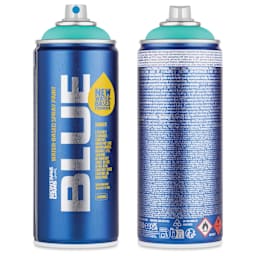 Montana Blue Water-Based Spray Paint - Shining Mint, 400 ml, front and back of can