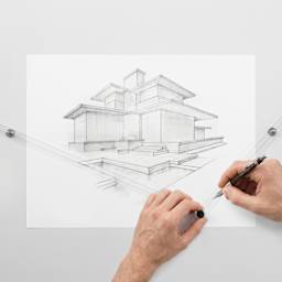 Koala Tools Perspective Ruler - 2-Point Ruler, 12", in-use with a drawing