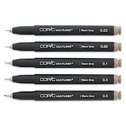 Copic Multiliner Plus Pens - Set of 5, Warm Gray, Assorted Fine Tip, uncapped