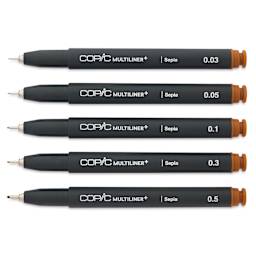 Copic Multiliner Plus Pens - Set of 5, Sepia, Assorted Fine Tip, uncapped