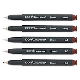 Copic Multiliner Plus Pens - Set of 5, Brown, Assorted Fine Tip, uncapped