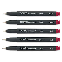 Copic Multiliner Plus Pens - Set of 5, Wine, Assorted Fine Tip, uncapped
