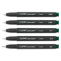 Copic Multiliner Plus Pens - Set of 5, Forest, Assorted Fine Tip, uncapped