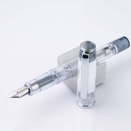 Pilot Prera Clear Fountain Pen - Black, Calligraphy Nib, on stand (image may depict a different style nib)