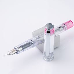Pilot Prera Clear Fountain Pen - Pink, Medium Nib, on stand (image may depict a different size nib)
