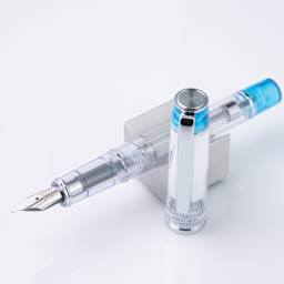 Pilot Prera Clear Fountain Pen - Light Blue, Medium Nib, on stand (image may depcit a different style nib)