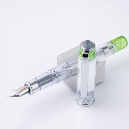 Pilot Prera Clear Fountain Pen - Light Green, Calligraphy Nib, on stand (image may depict a different style nib)