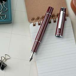 Pilot Prera Standard Fountain Pen - Cinnamon Brown, Fine, cap off with notepad (not included)