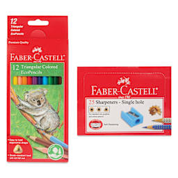 Faber-Castell Triangular Colored EcoPencils - School Pack, Set of 12 and pack of 25 sharpeners shown