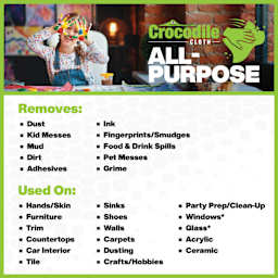 Crocodile Cloth All-Purpose Wipes. Removes: dust, kids messes, mud, dirt, adhesives, ink, fingerprints and smudges, food and drink spills, pets messes, grime.  Used on: hands, furniture, trim, countertops, car interiors, tile, sinks, shoes, wall, and more.