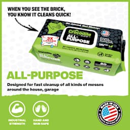 Crocodile Cloth All-Purpose Wipes Pkg of 80. When you see the brick, you know it cleans quick.  All-Purpose. Designed for fast cleanup of all kinds of meses around the house and garage.