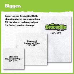 Bigger. Super-sized, Crocodile Cloth cleaning cloths are as much as 3X the size of ordinary wipes for faster, easier cleanup. Crocodile Cloth 10" x 15".  Standard Industrial Wipe 10" x 10". Standard Household Wipe 7" x 7".