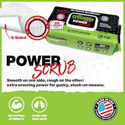 Crocodile Cloth 2-Sided Power Scrub Wipes. Smooth on one side, rough on the other: extra scouring power for gunky, stuck-on messes.