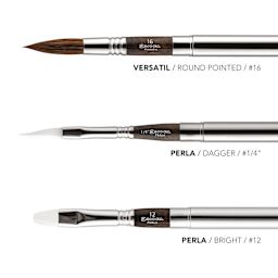 Versatil, round pointed, #16. Perla, dagger, #1/4". Perla, bright, #12.