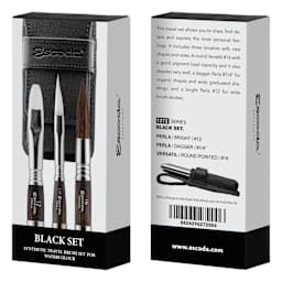 Escoda Synthetic Travel Brushes - Black Set of 3, Assorted, front and back of packaging