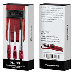 Escoda Synthetic Travel Brushes - Red Set of 3, Round, front and back of packaging