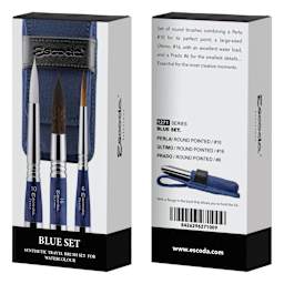 Escoda Synthetic Travel Brushes - Blue Set of 3, Round, front and back of packaging
