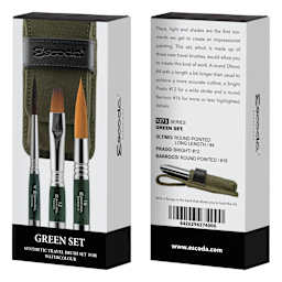 Escoda Synthetic Travel Brushes - Green Set of 3, Assorted, front and back of packaging