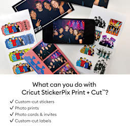 What can you do with Cricut StickerPix Print + Cut? Custom-cut stickers, photo prints, photocards and invites, and custom-cut labels.