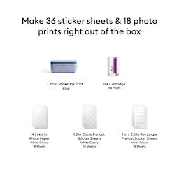 Make 36 sticker sheets and 18 photo prints right out of the box.