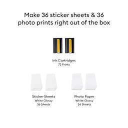 Make 36 sticker sheets and 36 photo prints right out of the box.