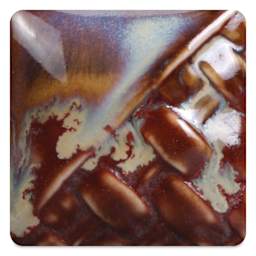 Mayco Stoneware Flux Glaze - Dark fired at cone 10 reduction, chips shown over SW-119 Cinnabar
