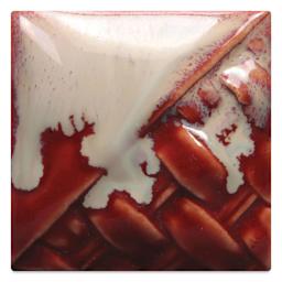 Mayco Stoneware Flux Glaze - Light fired at cone 6 oxidation, chips shown over SW-119 Cinnabar