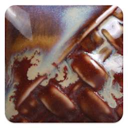 Mayco Stoneware Flux Glaze - Dark fired at cone 10 reduction, chips shown over SW-119 Cinnabar