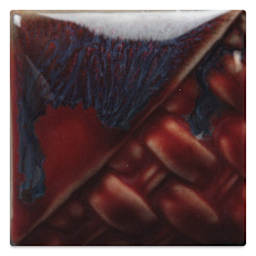Mayco Stoneware Flux Glaze - Dark fired at cone 6 oxidation, chips shown over SW-119 Cinnabar