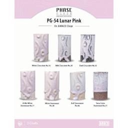 Phase Glaze. PG-54 Lunar Pink On AMACO Clays. White Chocolate No. 16, Milk Chocolate No. 30, Dark Chocolate No. 32, A-Mix White Stoneware No. 11, White Stoneware No. 38, Buff Stoneware No. 46, Terra Cotta Stoneware No. 77. 3 Coats.