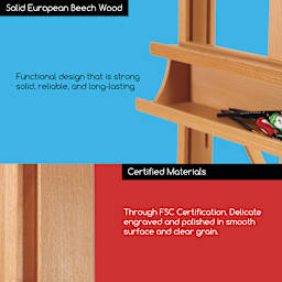 Solid European Beech Wood. Functional design that is strong, solid, reliable, and long-lasting. Certified Materials. Through FSC Certification. Delicate engraved and polished smooth surface and clear grain.