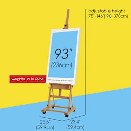 Holds canvases up to 93" (236 cm). Weights up to 66 lbs. Adjustable height 75" ~ 146" (190 ~ 370 cm). Base measures 23.6" (59.9 cm) x 23.4" (59.4 cm).