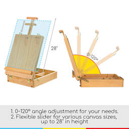 Meeden Extra-Large Tabletop Easel with 0–120-degree angle adjustment for your needs. Flexible sliders for various canvas sizes, up to 28" in height.