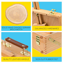 Meeden Extra-Large Tabletop Easel. Solid hand-sanded German beechwood. Galvanized hardware. Quality leather handles. Non-slip rubber feet. 