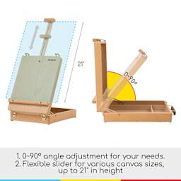 Meeden Wood Sketchbox Easel 0-90-degree angle adjustment for your needs. Flexible slider for various canvas sizes, up to 21" in height.