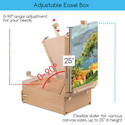 Adjustable Easel Box 0–90-degree angle adjustment for your needs. Flexible slider for various canvas sizes, up to 25" in height.