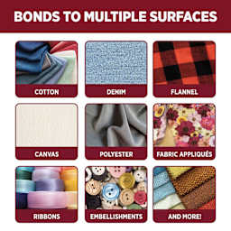 Bonds to multiple surfaces: cotton, denim, flannel, canvas, polyester, fabric appliques, ribbons, embellishments, and more!