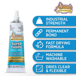 Industrial strength, premanent bond, fast drying formula, machine washable, dries clear and flexible.