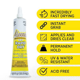 Incredibly fast drying, instant grab, applies and dries clear, permanent hold, uv and water resistant.