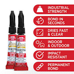 Industrial strength, bonds in seconds, dries fast and clear, indoor and outdoor, impact resistant, permanent bond. 