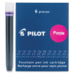 Pilot Fountain Pen Ink Cartridge - Purple, Pkg of 6, one cartridge next to the packaging
